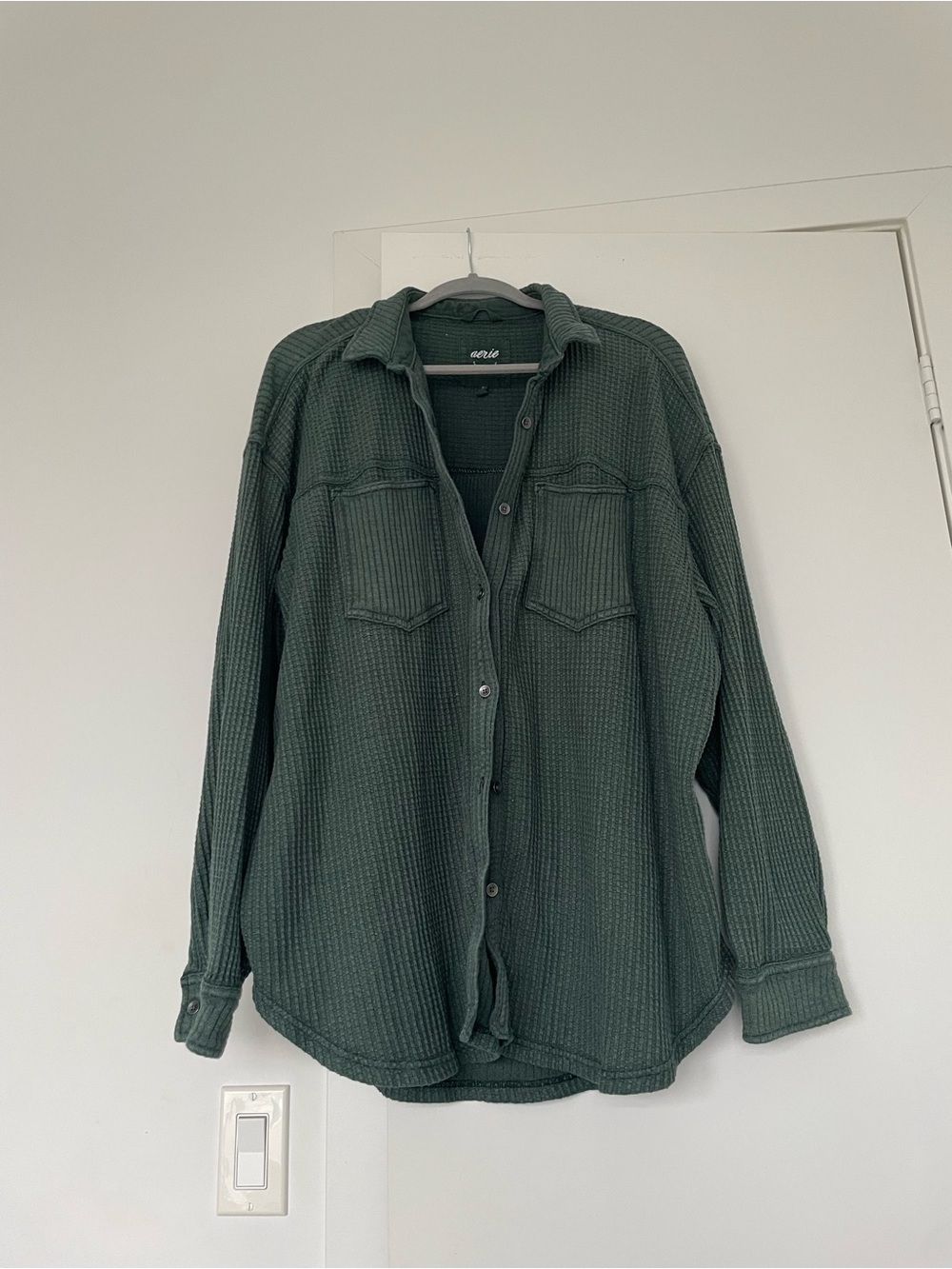 aerie Olive Waffle Knit Button-Up Long Sleeve